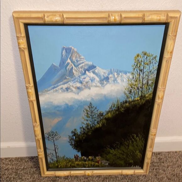 Handmade Other - Mountain Landscape Painting with Bamboo Frame Size Approximately 17X26”